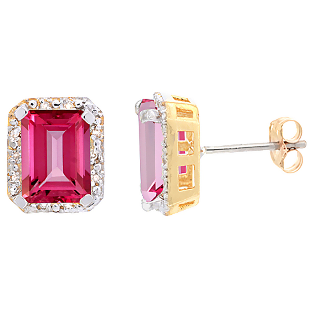 10K Yellow Gold Diamond Natural Pink Topaz Earrings Octagon 8x6 mm