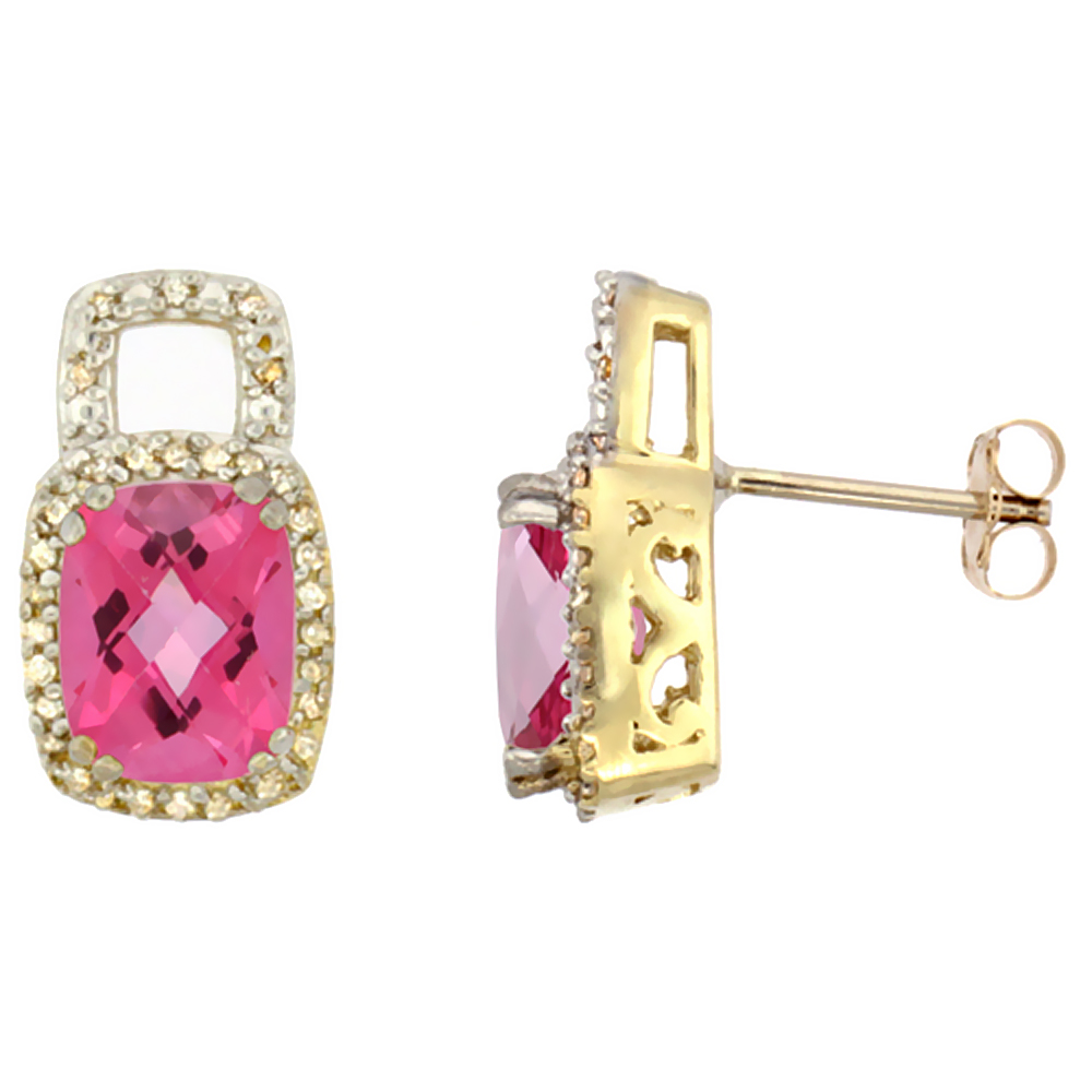 10K YELLOW GOLD DIAMOND NATURAL PINK TOPAZ EARRINGS OCTAGON CUSHION 8X6 MM