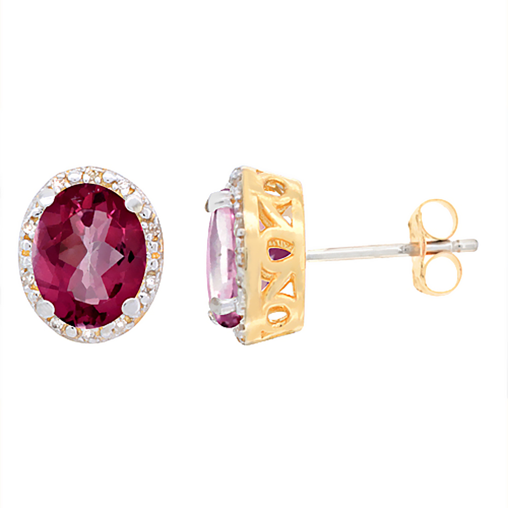 10K Yellow Gold Genuine Pink Sapphire Stud Earrings Diamond Halo Oval 8x6 mm