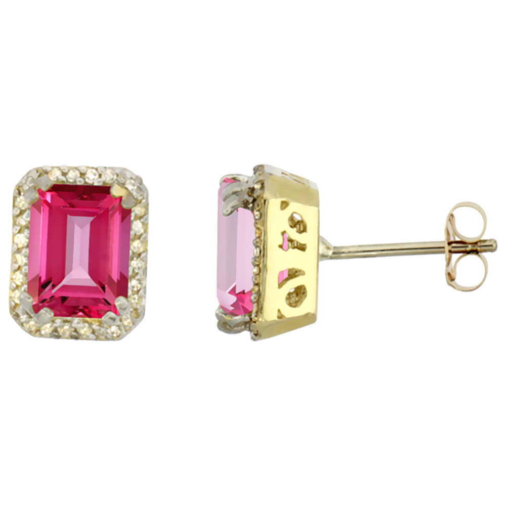 10K YELLOW GOLD DIAMOND NATURAL PINK TOPAZ EARRINGS OCTAGON 7X5 MM