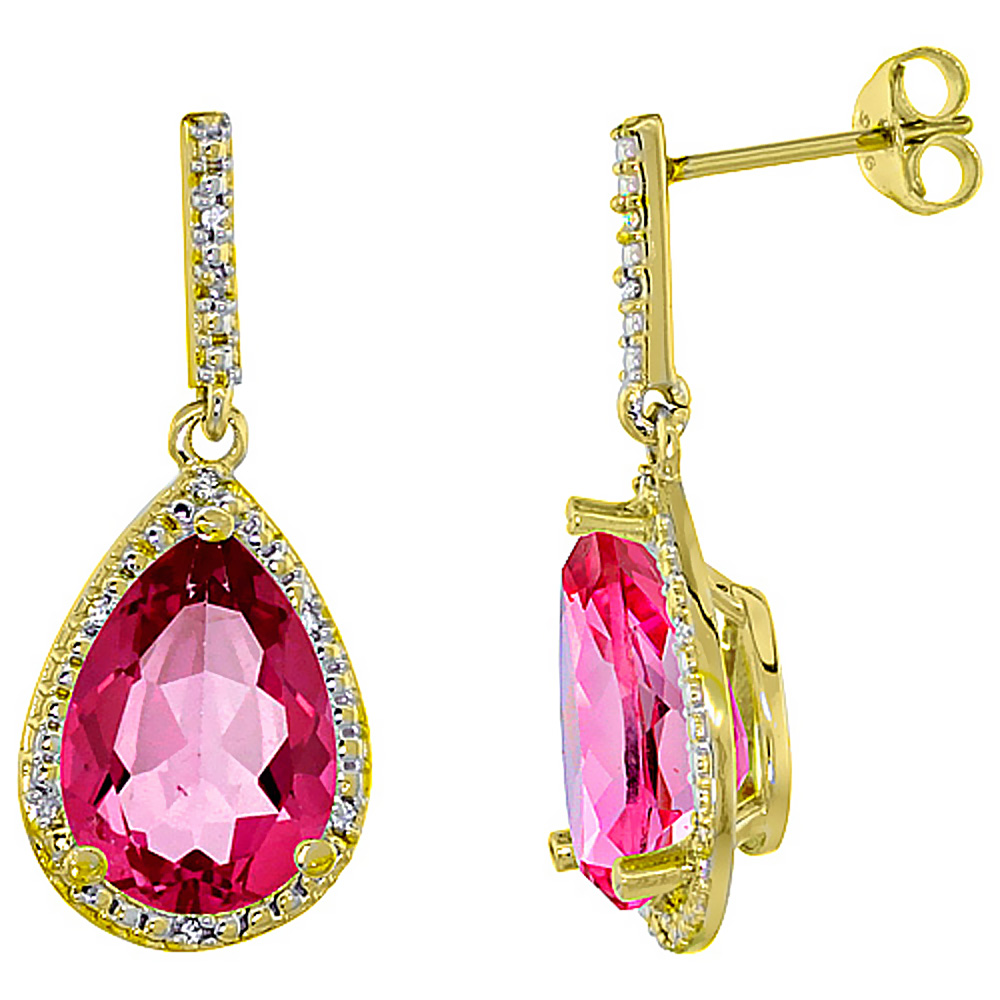 10K Yellow Gold Diamond Halo Natural Pink Topaz Dangle Earrings Pear Shaped 12x8 mm