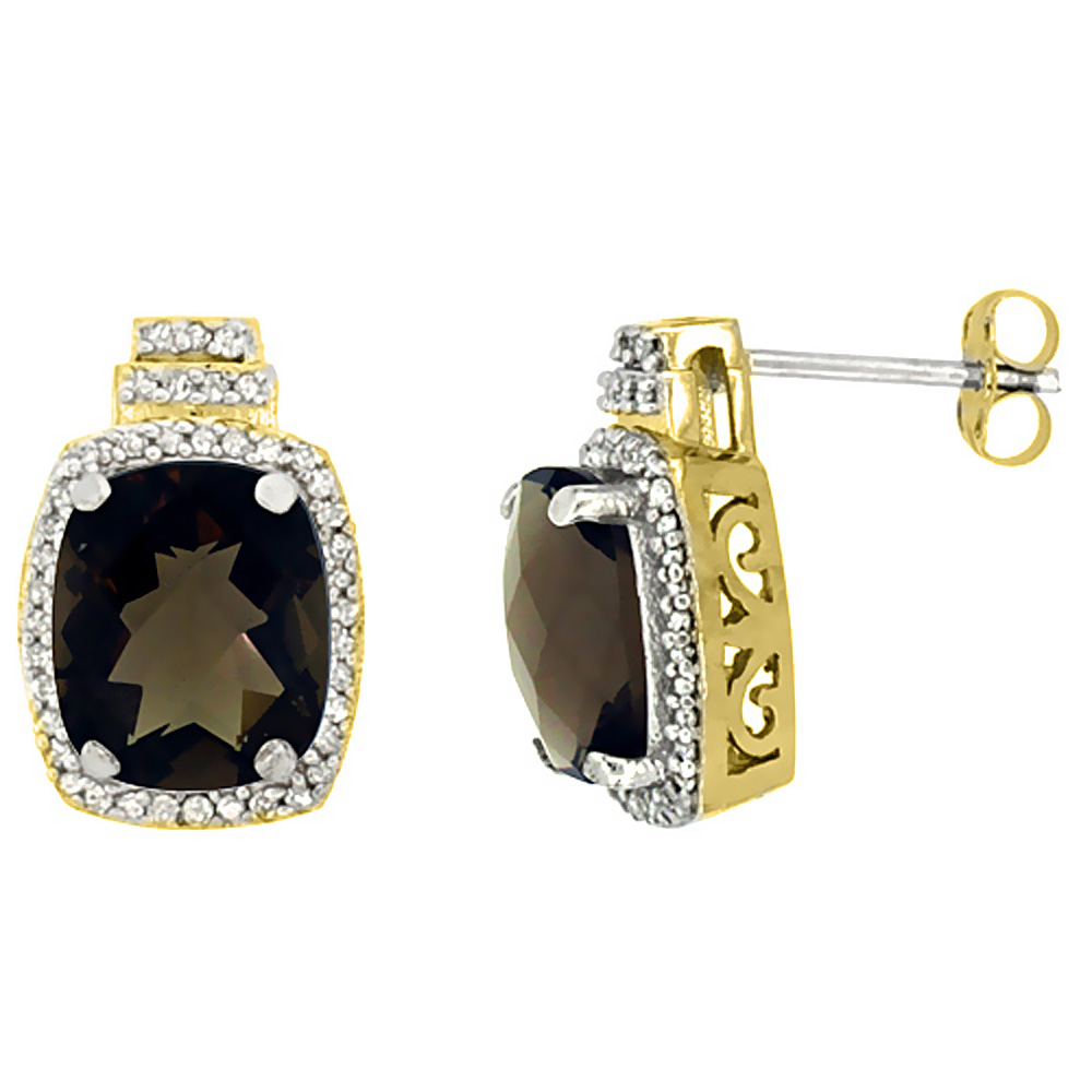 10K Yellow Gold 0.29 cttw Diamond Natural Smoky Topaz Earrings Octagon Cushion 8x6 mm