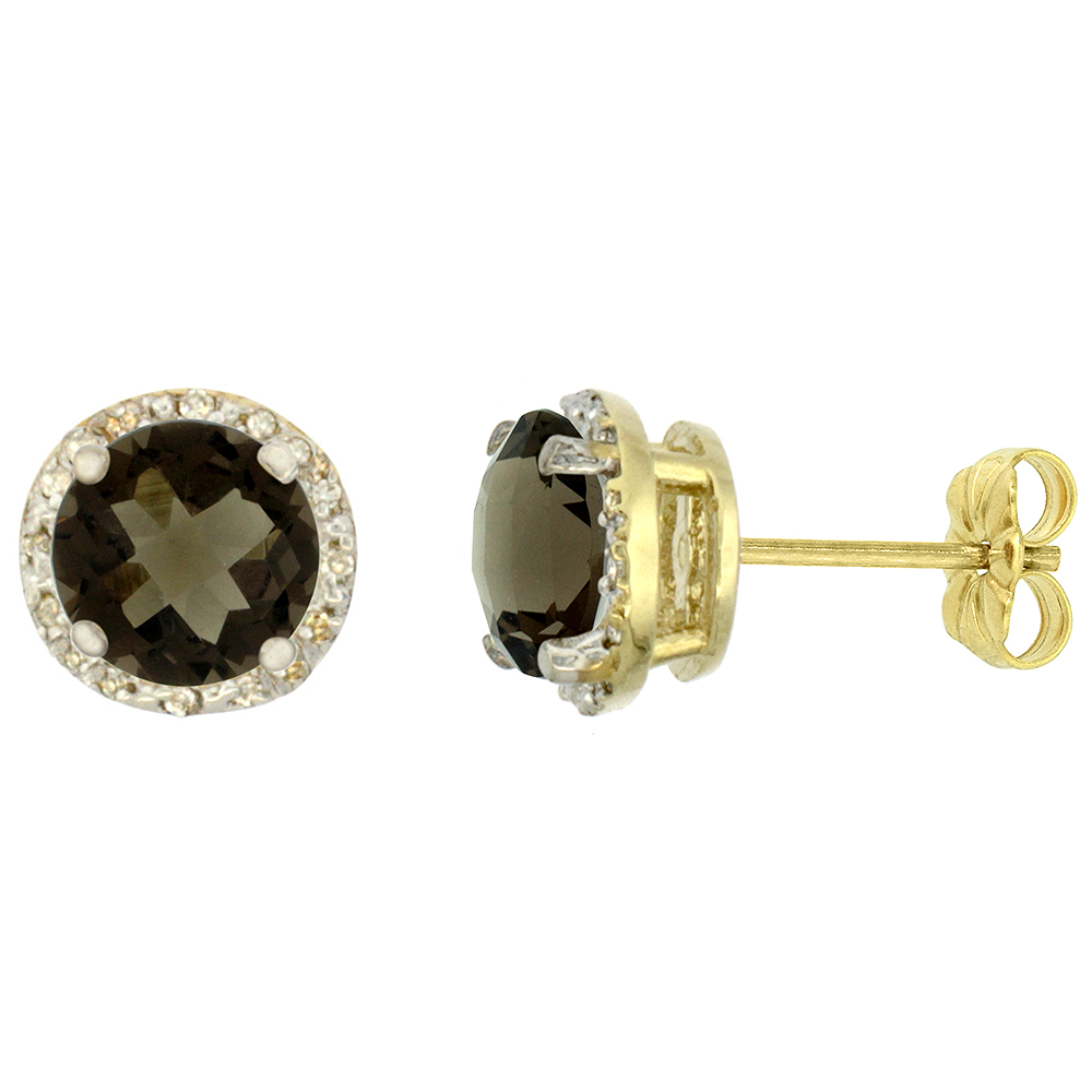 10K YELLOW GOLD 0.06 CTTW DIAMOND NATURAL SMOKY TOPAZ EARRINGS ROUND 7X7 MM