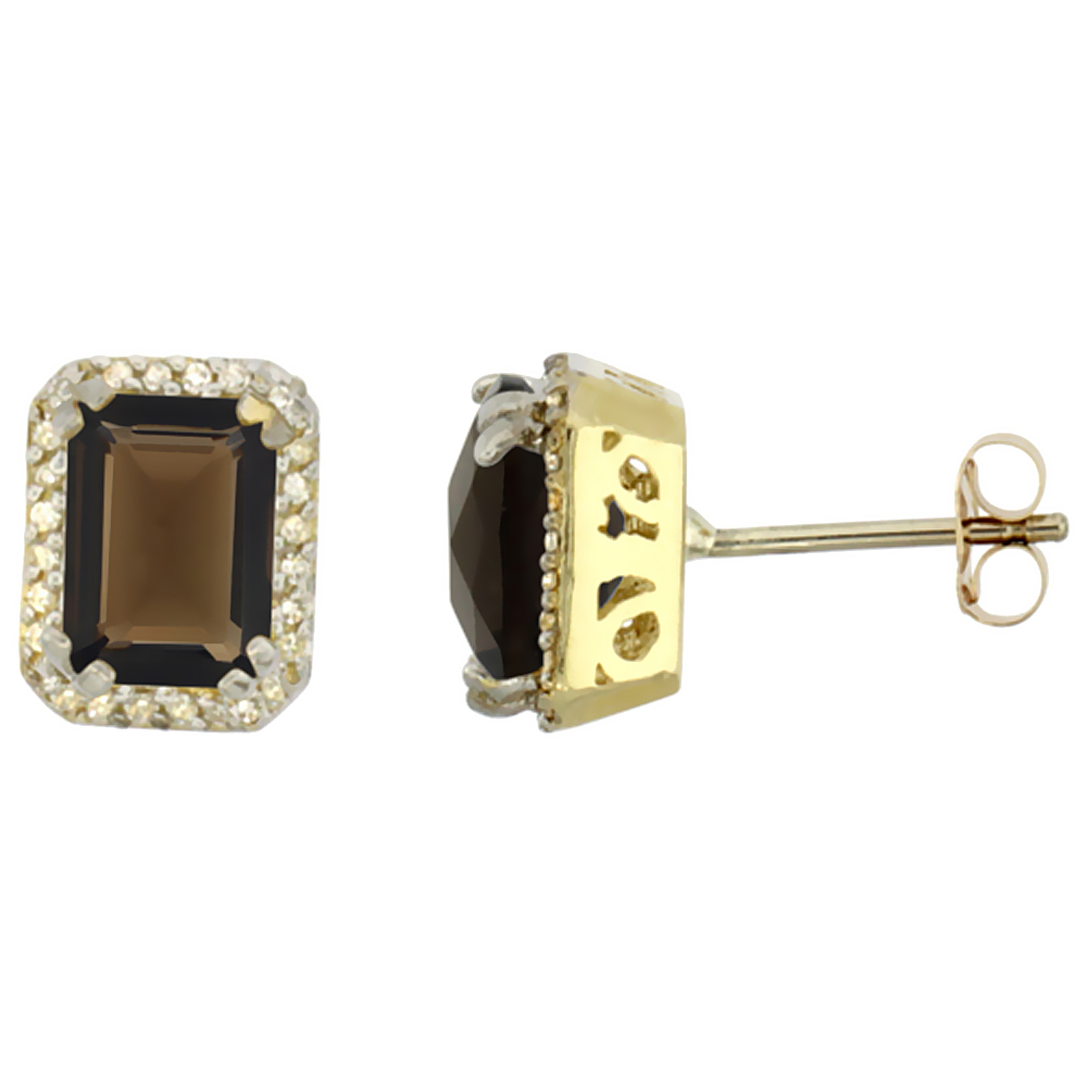 10K YELLOW GOLD DIAMOND NATURAL SMOKY TOPAZ EARRINGS OCTAGON 7X5 MM
