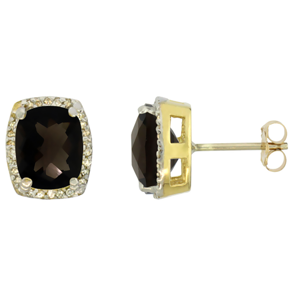 10K YELLOW GOLD DIAMOND NATURAL SMOKY TOPAZ EARRINGS OCTAGON CUSHION 8X6 MM