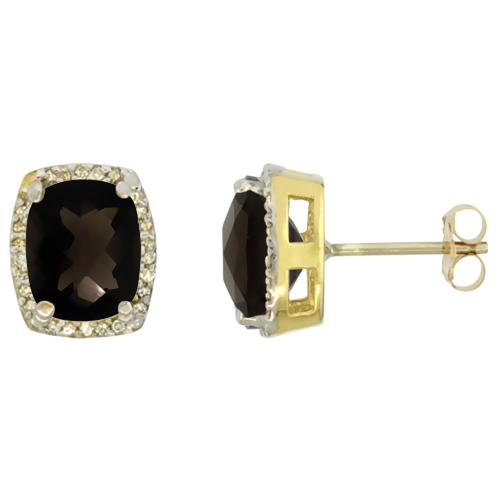 10K Yellow Gold Diamond Natural Smoky Topaz Earrings Octagon Cushion 8x6 mm