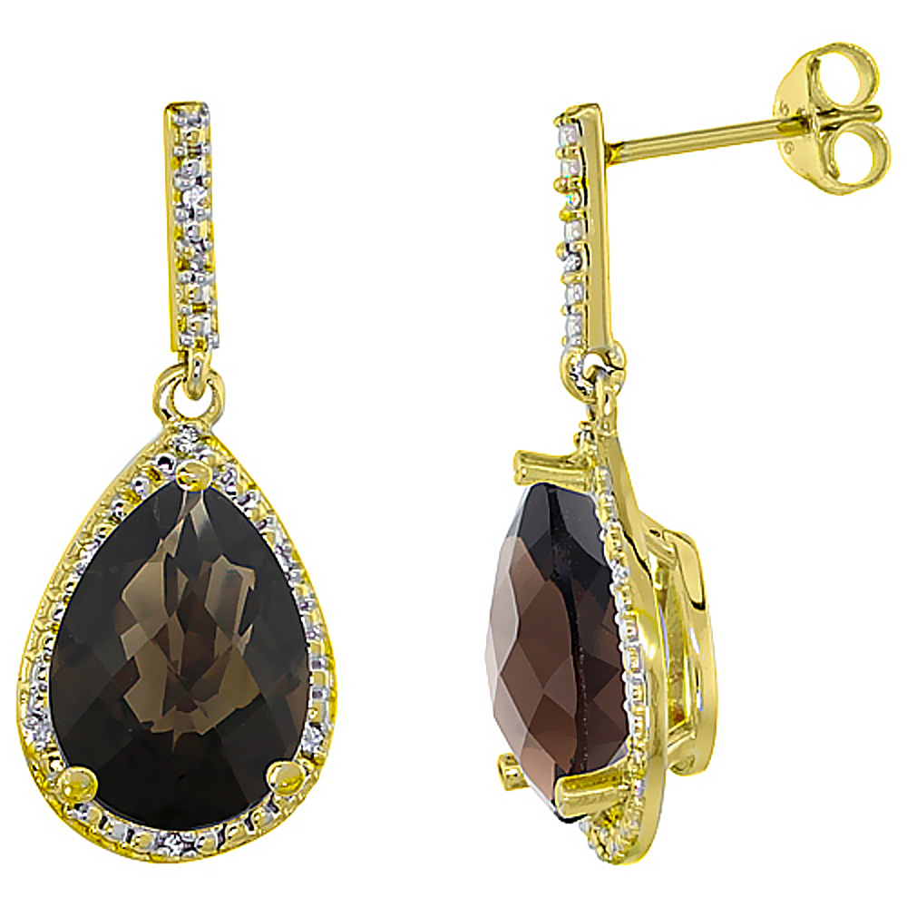 10K YELLOW GOLD DIAMOND HALO NATURAL SMOKY TOPAZ DANGLE EARRINGS PEAR SHAPED 12X8 MM