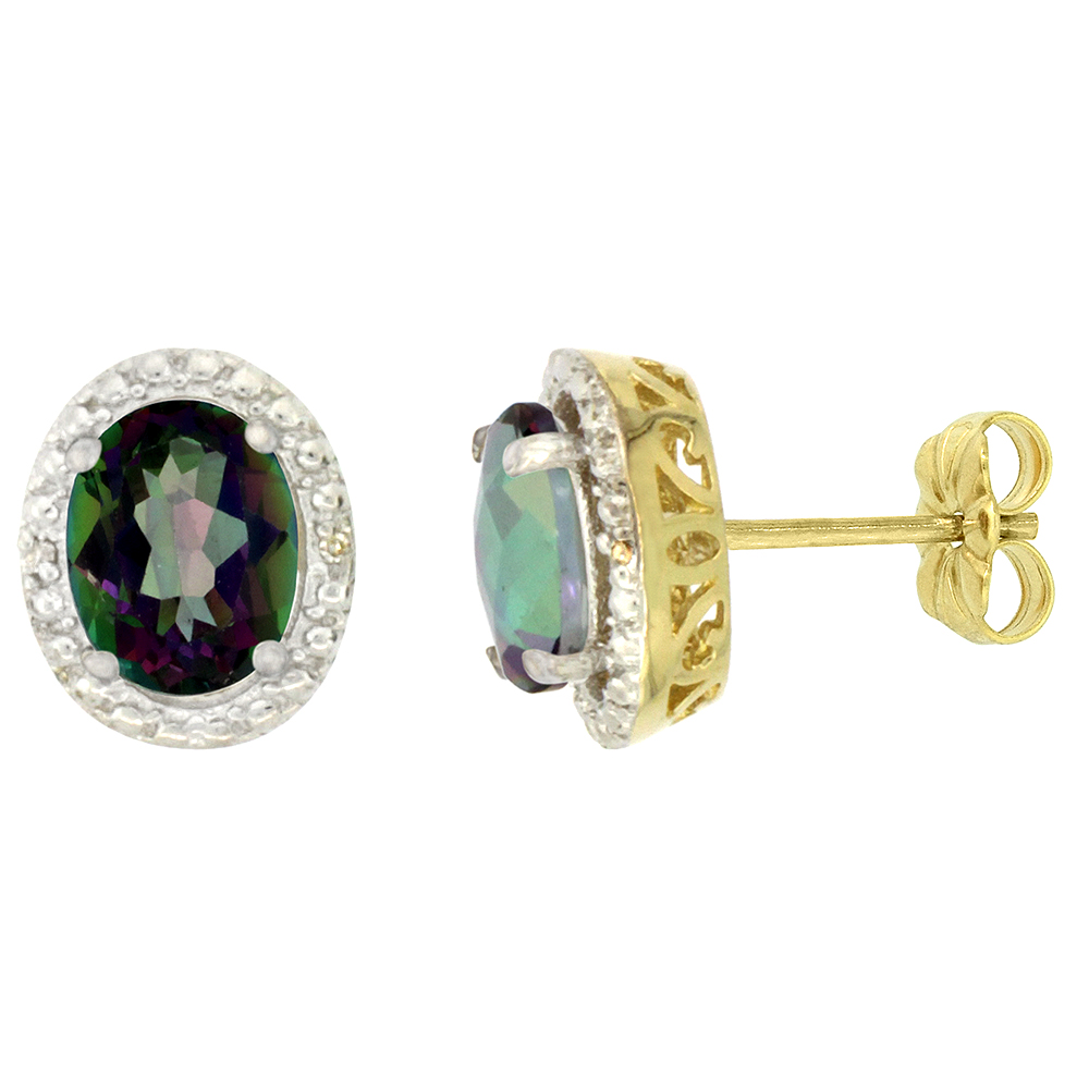 10K Yellow Gold 0.01 cttw Diamond Natural Mystic Topaz Post Earrings Oval 7x5 mm