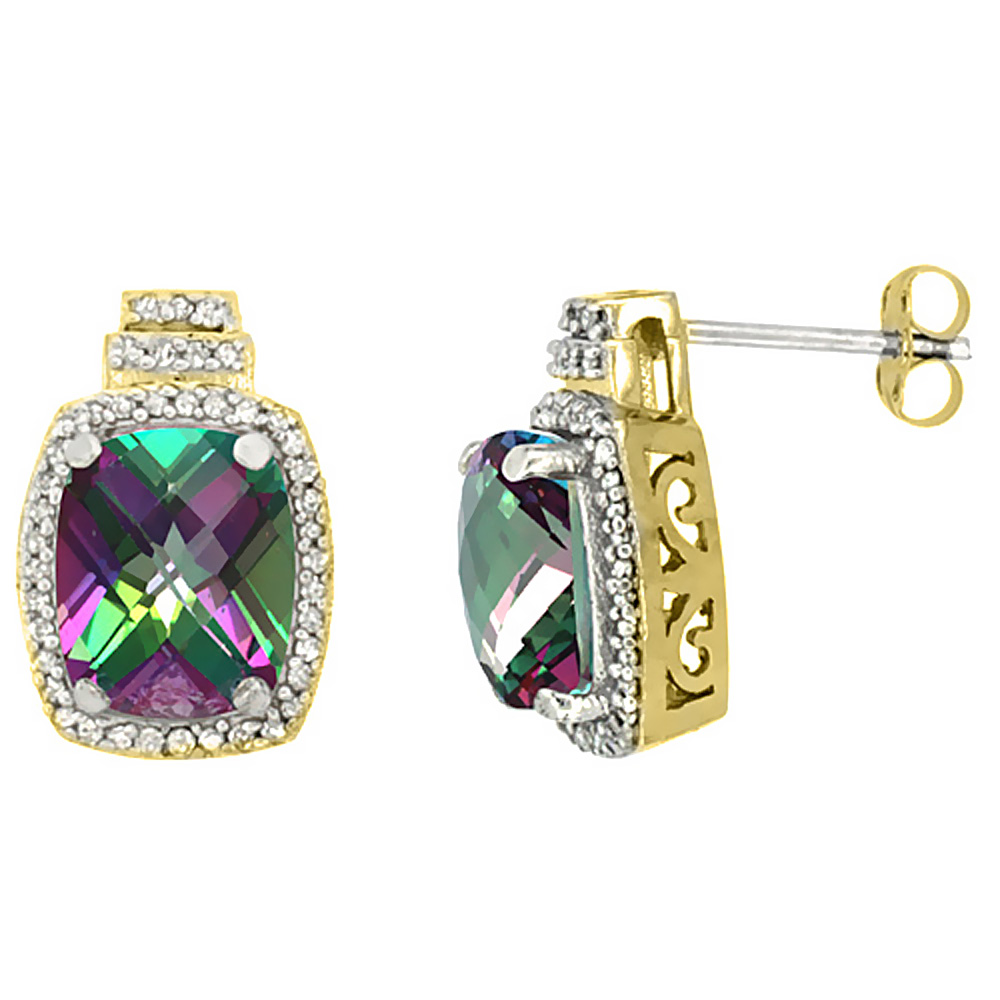 10K YELLOW GOLD 0.29 CTTW DIAMOND NATURAL MYSTIC TOPAZ EARRINGS OCTAGON CUSHION 8X6 MM
