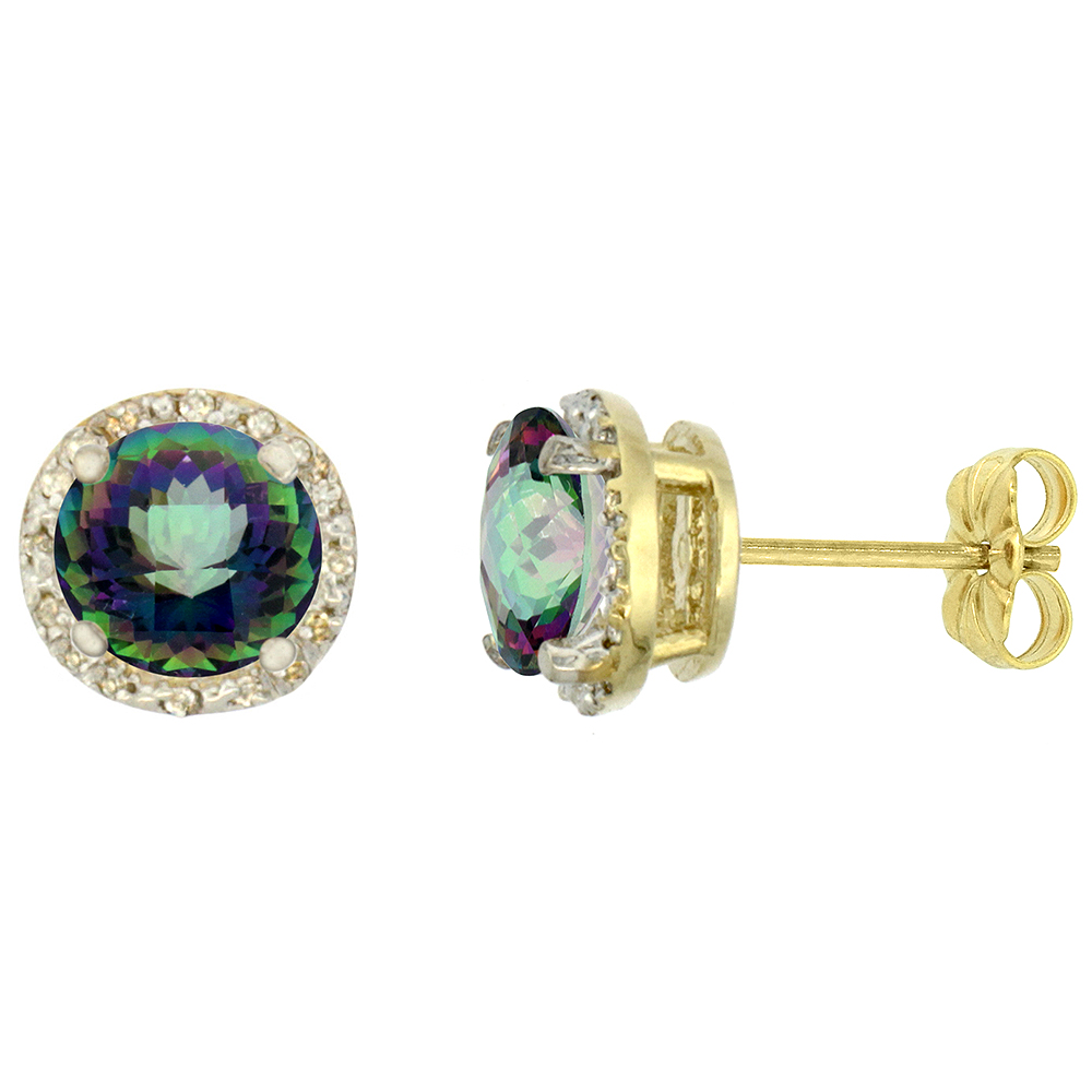 10K Yellow Gold 0.06 cttw Diamond Natural Mystic Topaz Earrings Round 7x7 mm