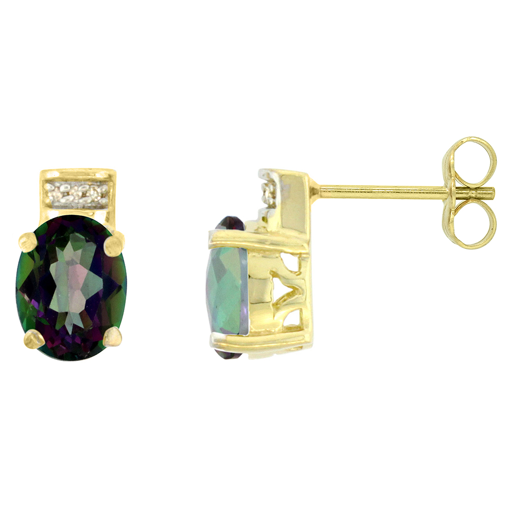 10K YELLOW GOLD DIAMOND NATURAL MYSTIC TOPAZ EARRINGS OVAL 8X6 MM