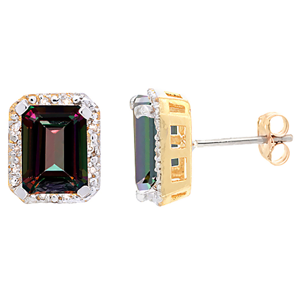 10K Yellow Gold Diamond Natural Mystic Topaz Earrings Octagon 8x6 mm