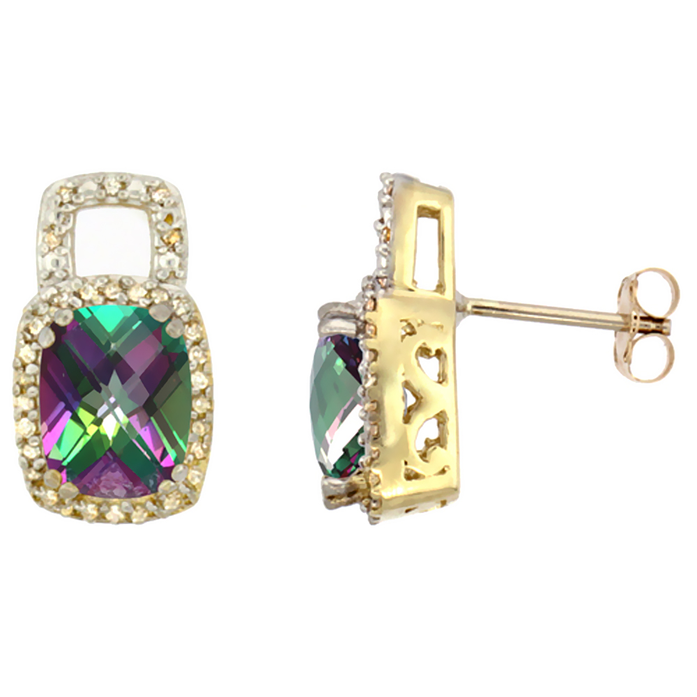 10K YELLOW GOLD DIAMOND NATURAL MYSTIC TOPAZ EARRINGS OCTAGON CUSHION 8X6 MM