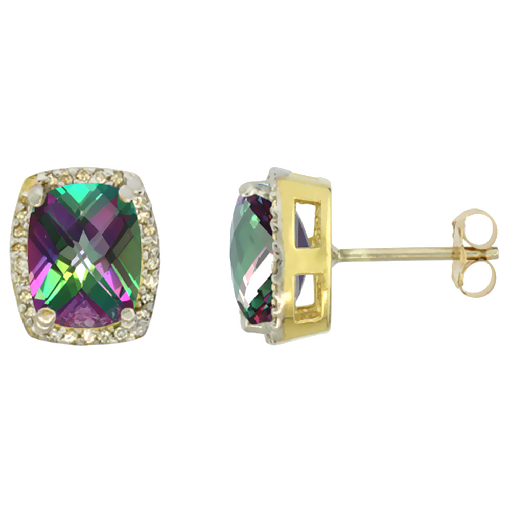 10K YELLOW GOLD DIAMOND NATURAL MYSTIC TOPAZ EARRINGS OCTAGON CUSHION 8X6 MM