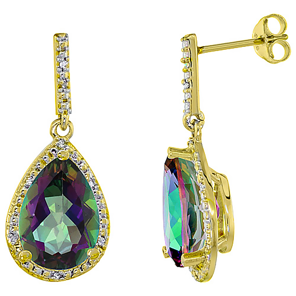 10K Yellow Gold Diamond Halo Natural Mystic Topaz Dangle Earrings Pear Shaped 12x8 mm