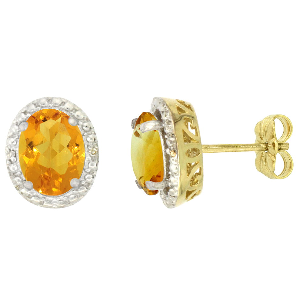 10K YELLOW GOLD 0.01 CTTW DIAMOND NATURAL CITRINE POST EARRINGS OVAL 7X5 MM