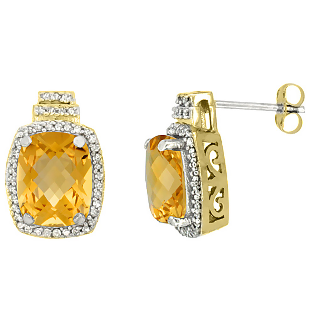 10K Yellow Gold 0.29 cttw Diamond Natural Citrine Earrings Octagon Cushion 8x6 mm