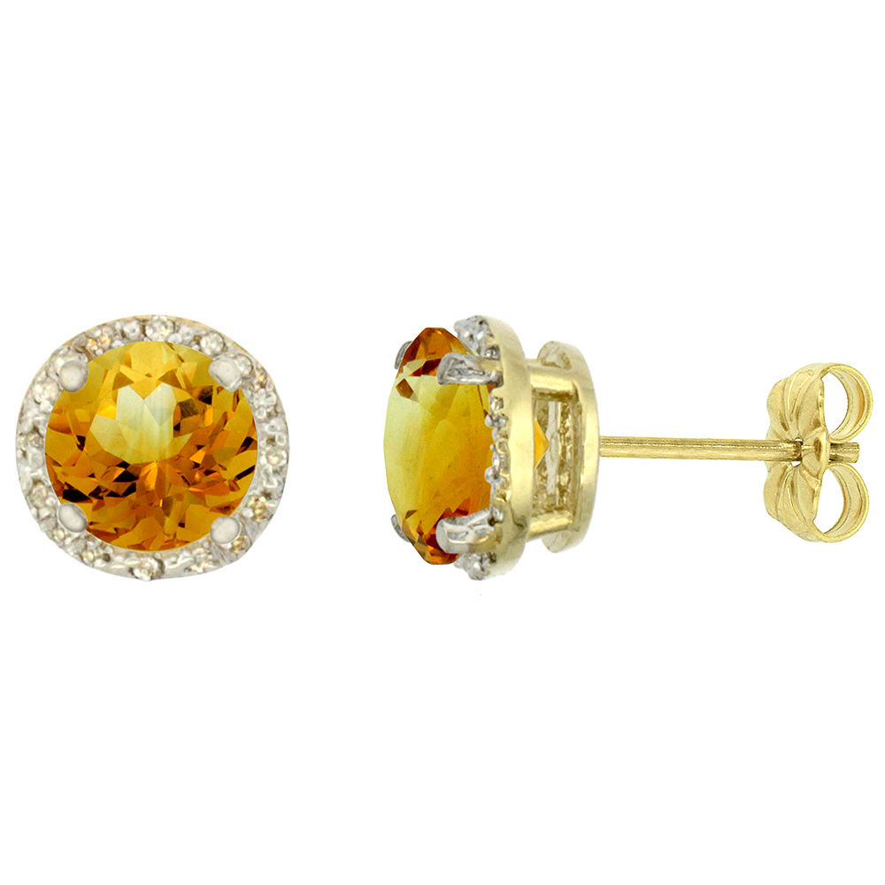 10K YELLOW GOLD 0.06 CTTW DIAMOND NATURAL CITRINE EARRINGS ROUND 7X7 MM