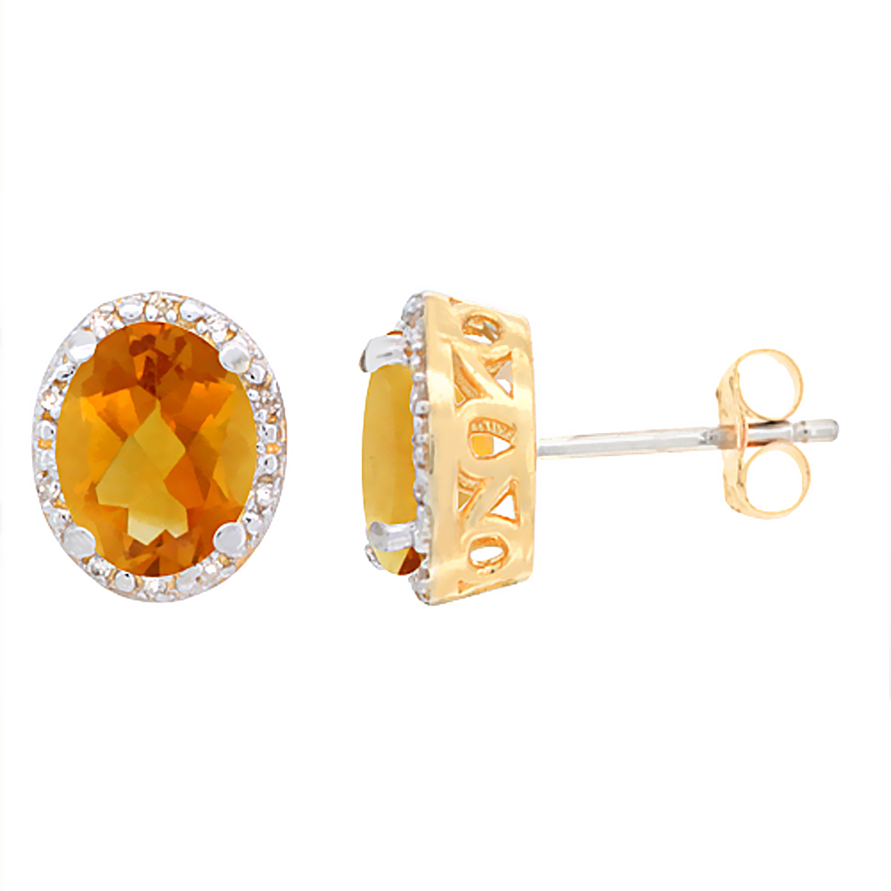 10K Yellow Gold Genuine Citrine Stud Earrings Diamond Halo Oval 8x6 mm