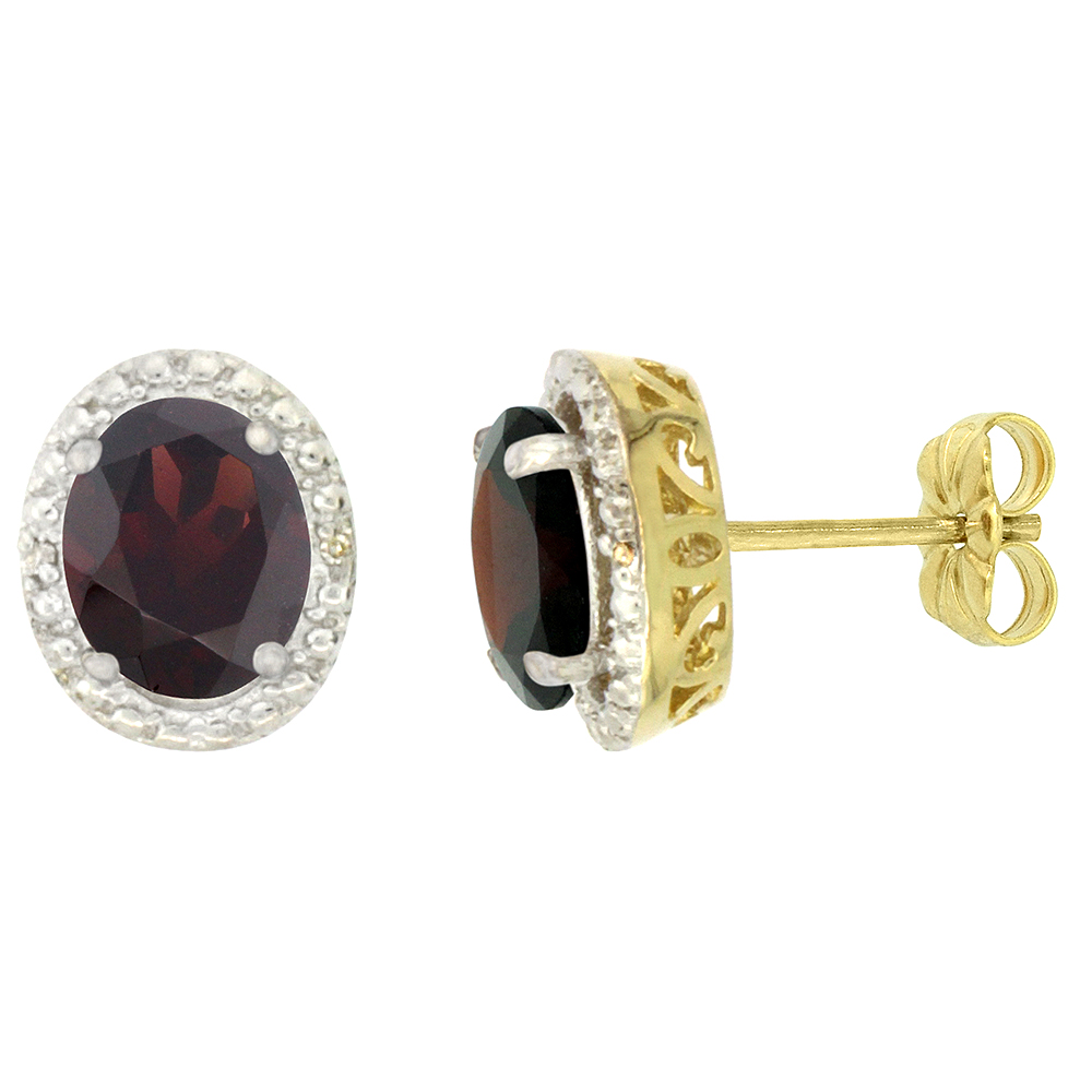 10K Yellow Gold 0.01 cttw Diamond Natural Garnet Post Earrings Oval 7x5 mm