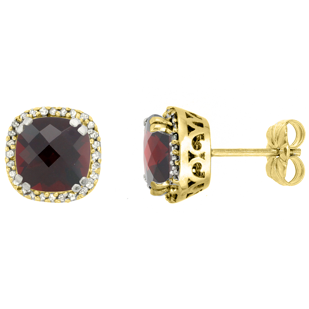 10k Yellow Gold Diamond Halo Natural Garnet Stud Earrings Cushion Shaped 7x7 mm