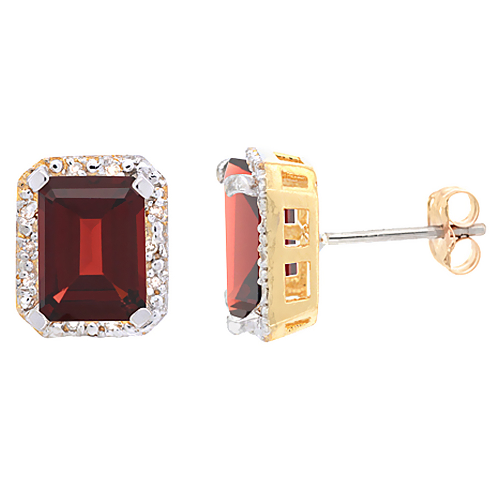 10K Yellow Gold Diamond Natural Garnet Earrings Octagon 8x6 mm