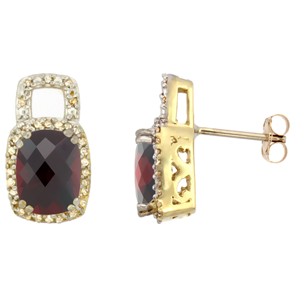 10K Yellow Gold Diamond Natural Garnet Earrings Octagon Cushion 8x6 mm