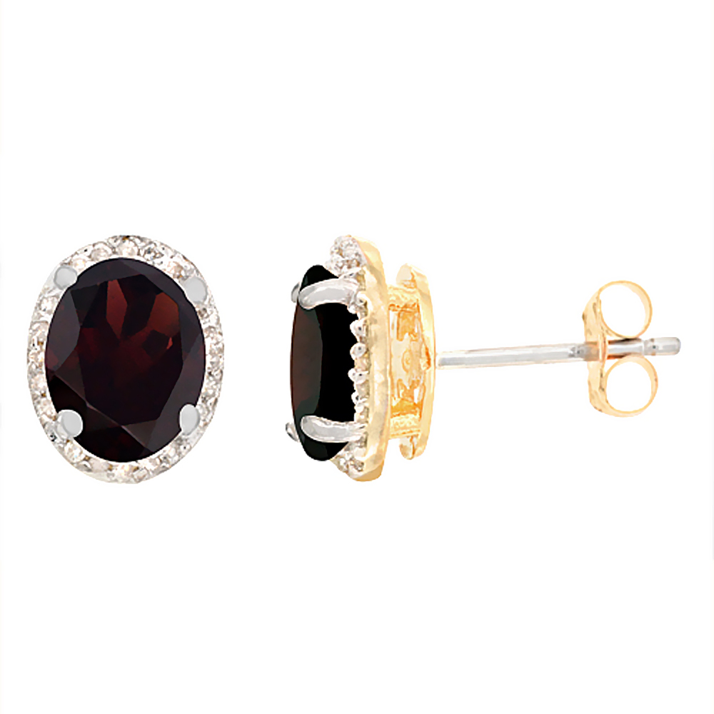 10K YELLOW GOLD DIAMOND NATURAL GARNET EARRINGS OVAL 7X5 MM