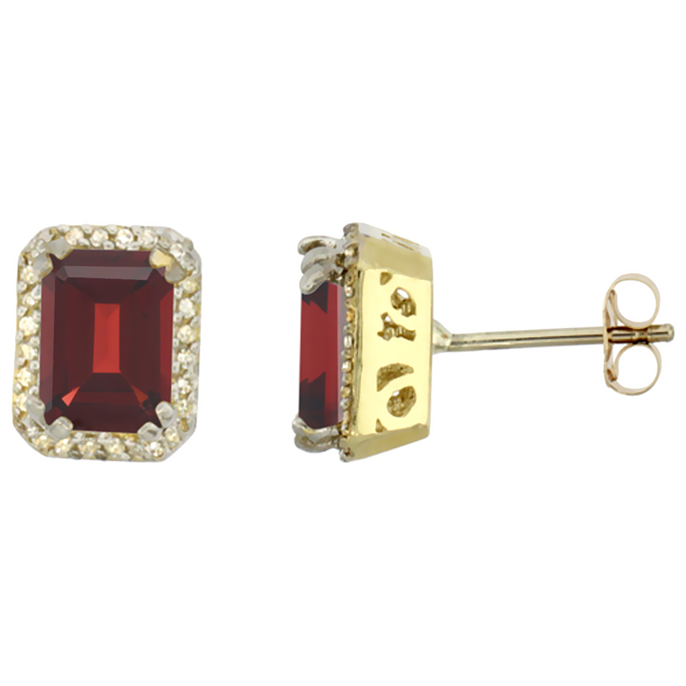 10K Yellow Gold Diamond Natural Garnet Earrings Octagon 7x5 mm