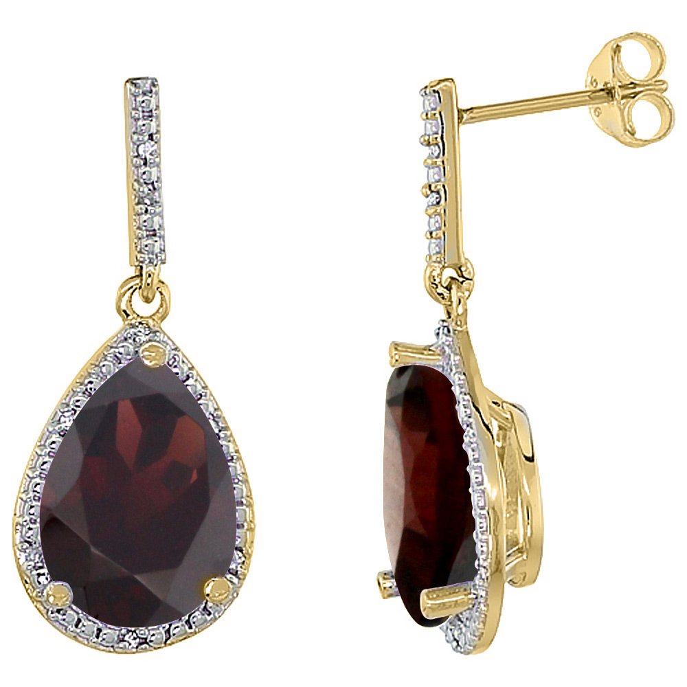 10K YELLOW GOLD DIAMOND HALO NATURAL GARNET DANGLE EARRINGS PEAR SHAPED 12X8 MM