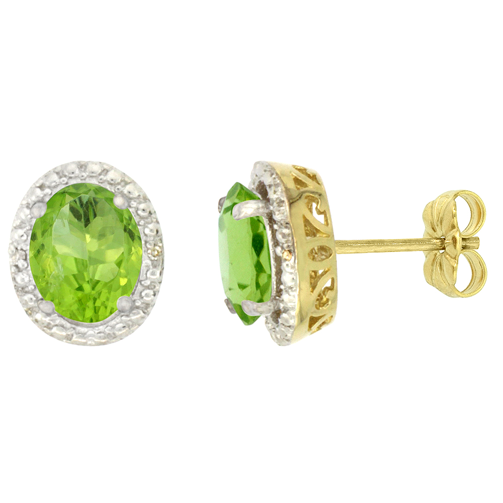 10K Yellow Gold 0.01 cttw Diamond Natural Peridot Post Earrings Oval 7x5 mm