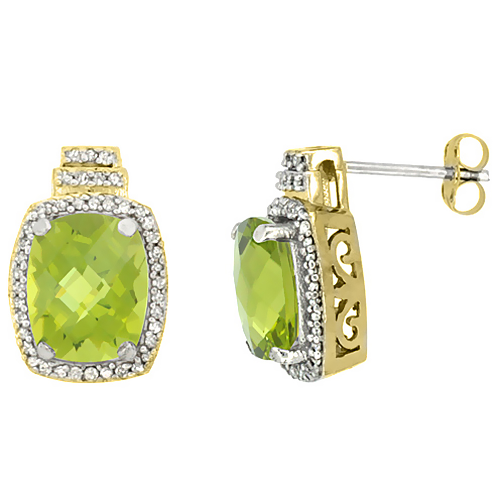 10K Yellow Gold 0.29 cttw Diamond Natural Peridot Earrings Octagon Cushion 8x6 mm