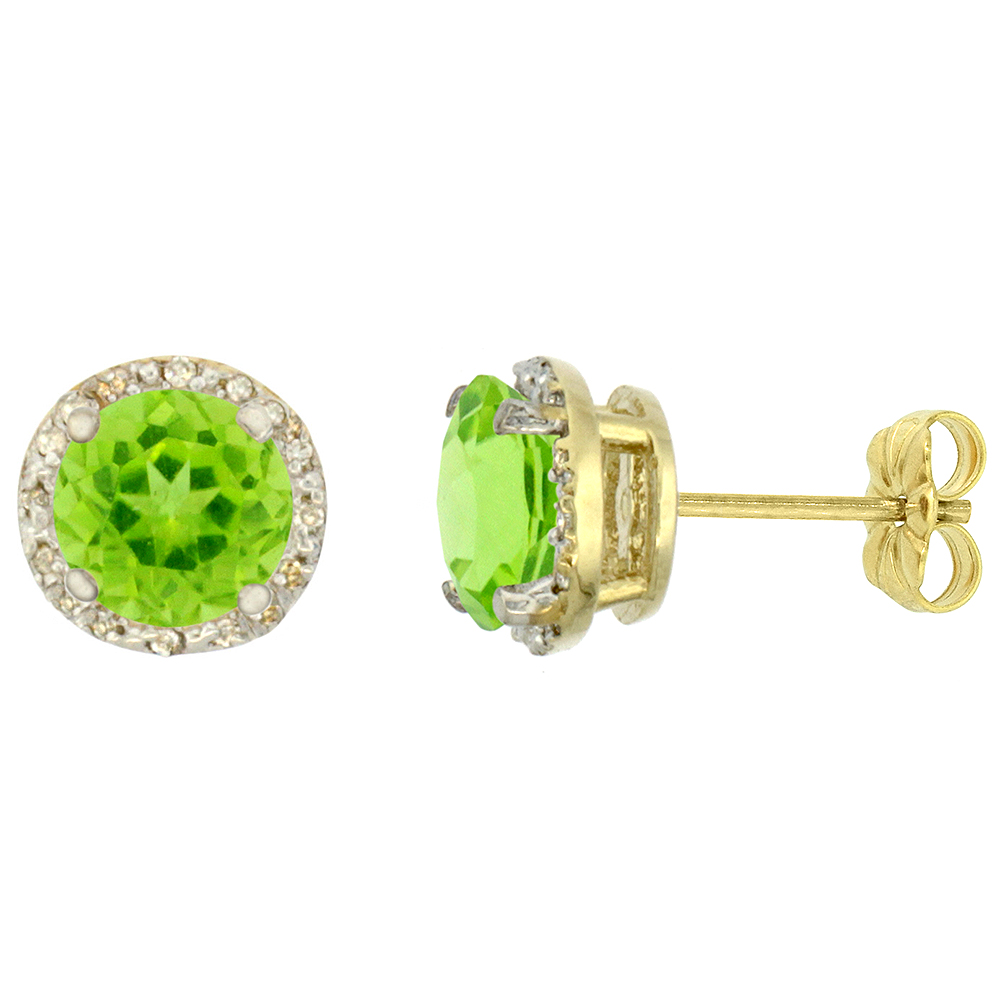 10K YELLOW GOLD 0.06 CTTW DIAMOND NATURAL PERIDOT EARRINGS ROUND 7X7 MM
