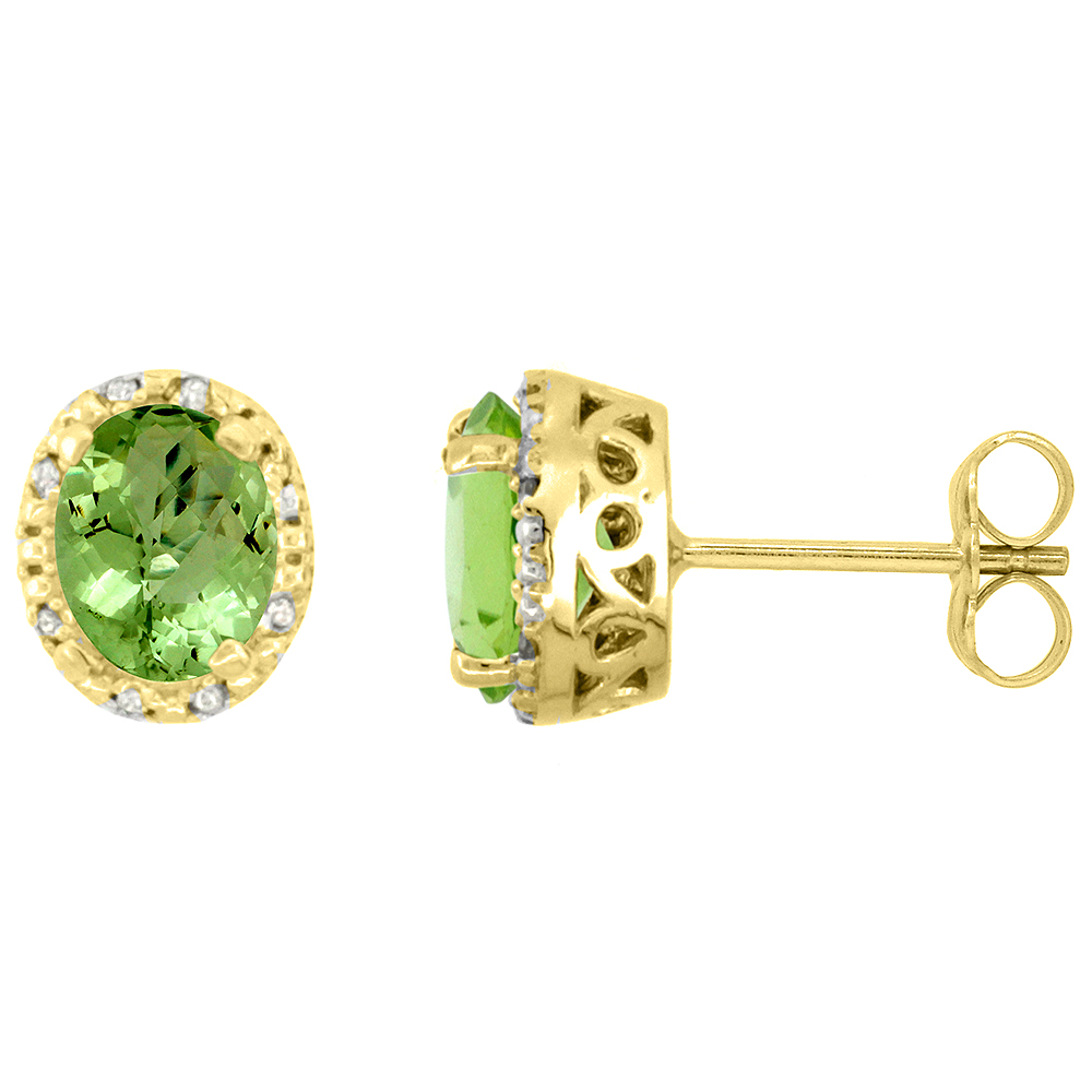 10K Yellow Gold Diamond Halo Natural Peridot Stud Earrings Oval 7x5 mm