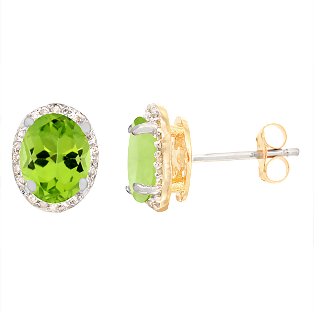 10K Yellow Gold Diamond Natural Peridot Earrings Oval 7x5 mm