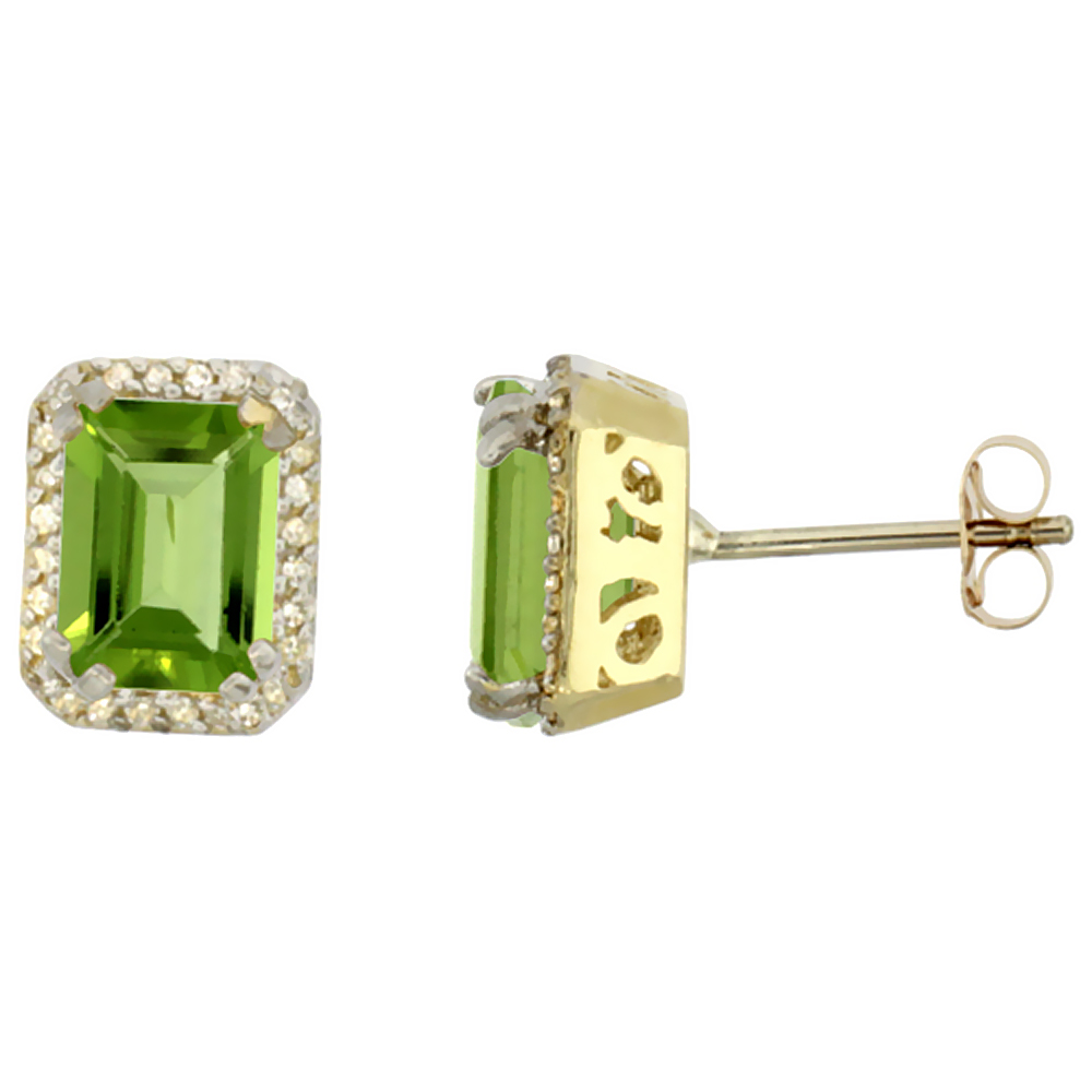 10K YELLOW GOLD DIAMOND NATURAL PERIDOT EARRINGS OCTAGON 7X5 MM