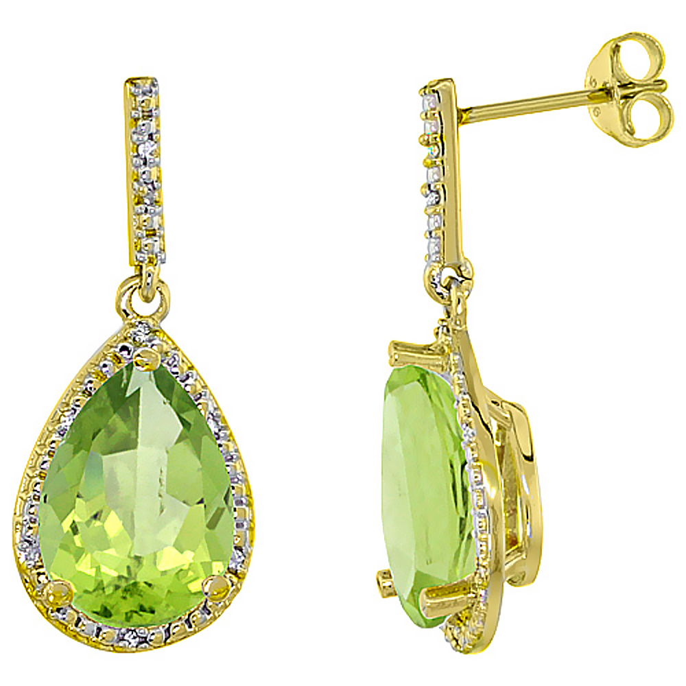 10K Yellow Gold Diamond Halo Natural Peridot Dangle Earrings Pear Shaped 12x8 mm