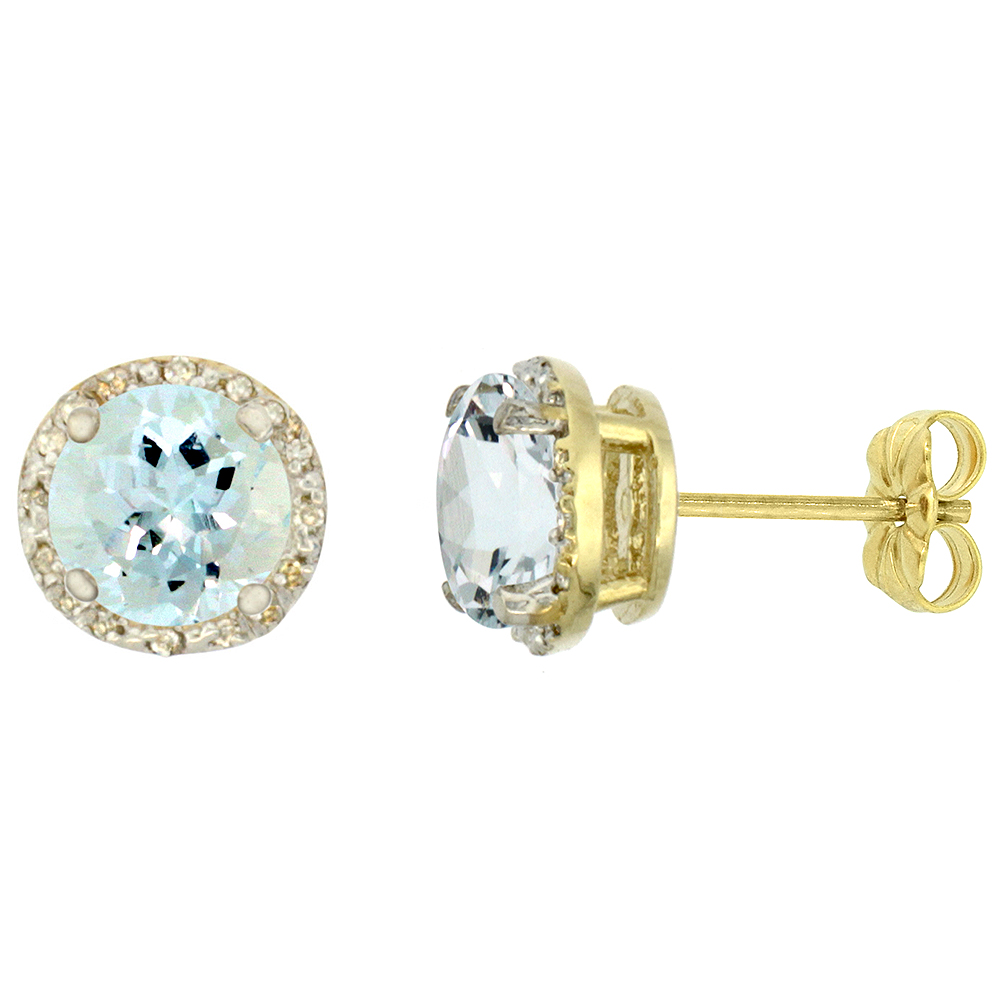10K YELLOW GOLD 0.06 CTTW DIAMOND NATURAL AQUAMARINE EARRINGS ROUND 7X7 MM