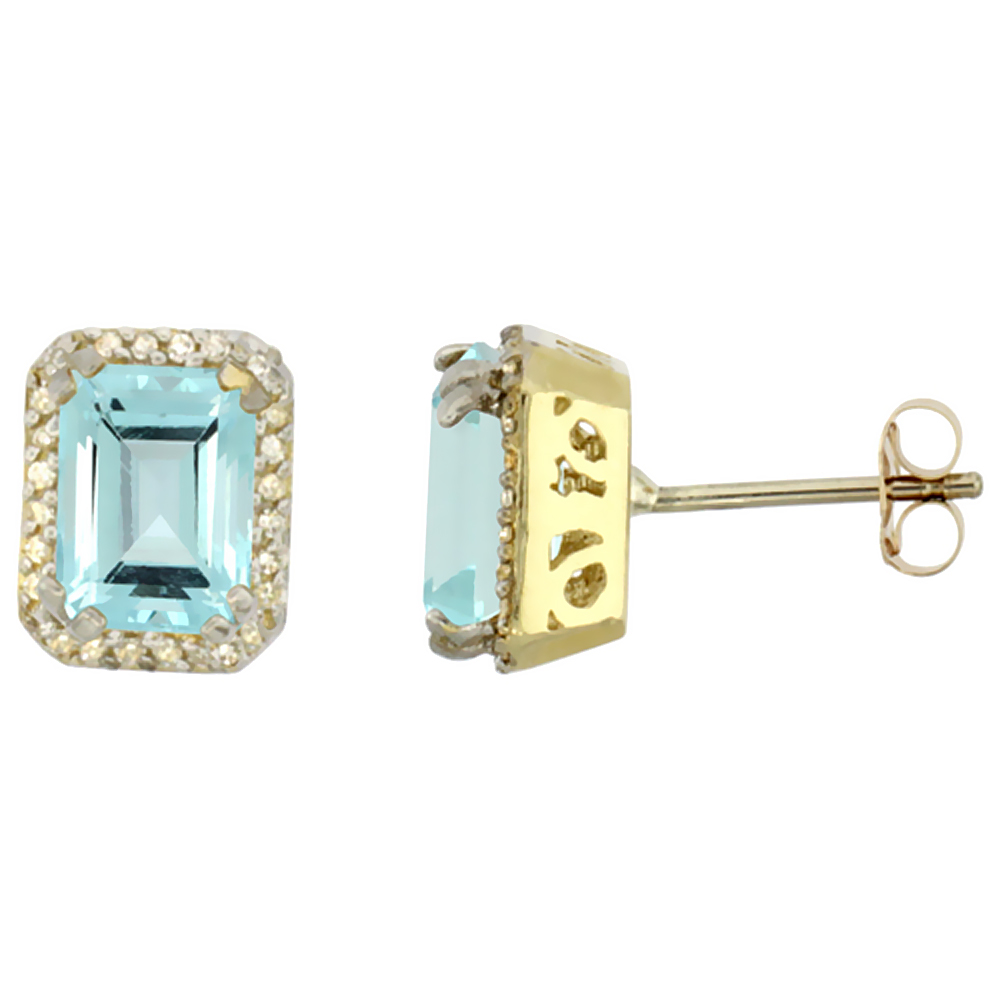 10K YELLOW GOLD DIAMOND NATURAL AQUAMARINE EARRINGS OCTAGON 7X5 MM