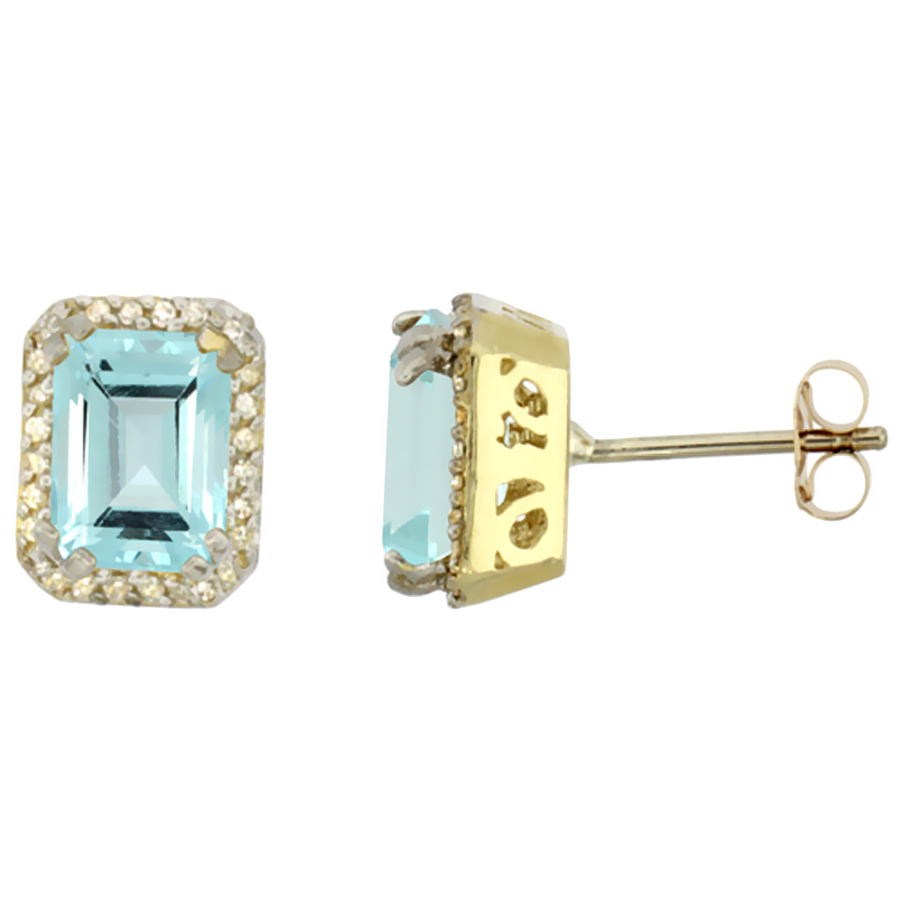 10K Yellow Gold Diamond Natural Aquamarine Earrings Octagon 7x5 mm