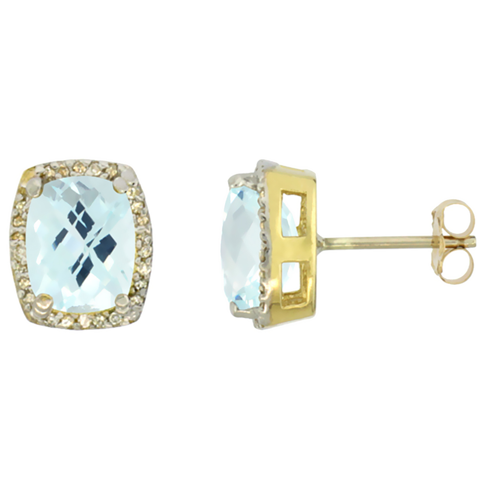 10K YELLOW GOLD DIAMOND NATURAL AQUAMARINE EARRINGS OCTAGON CUSHION 8X6 MM