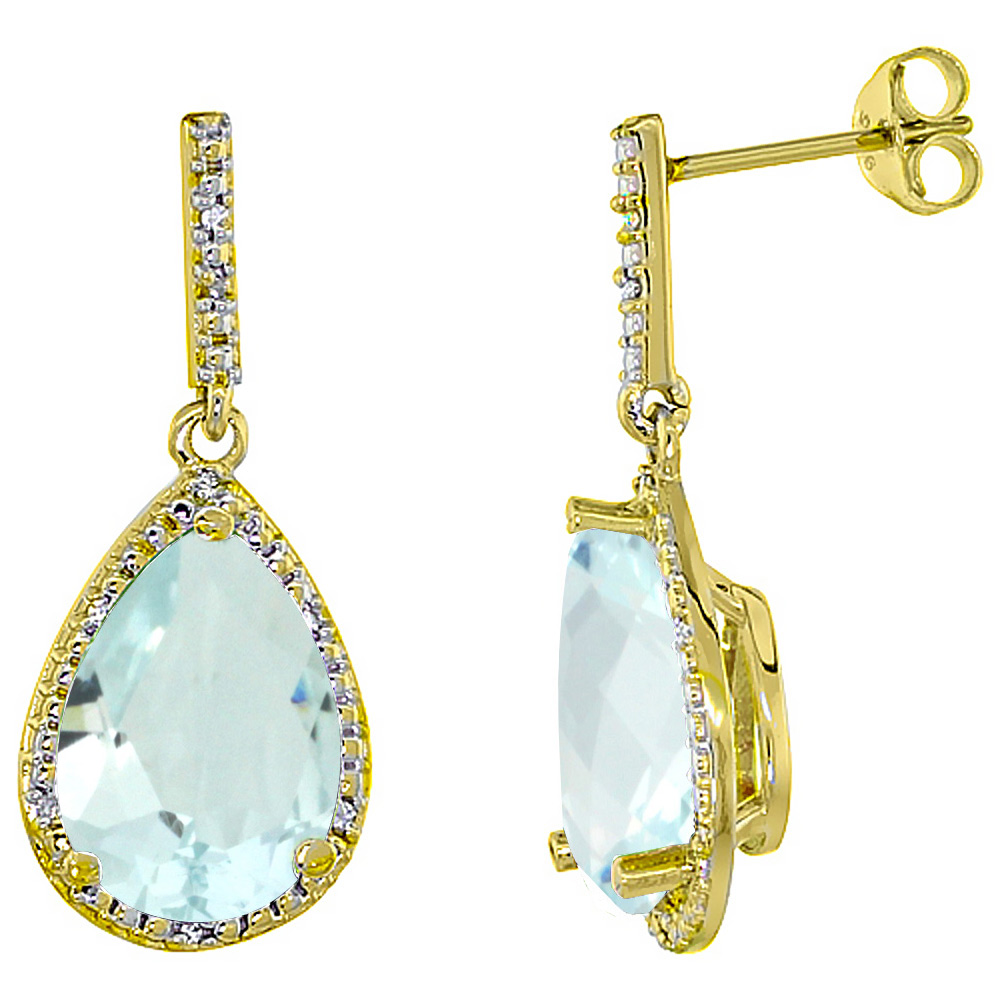 10K Yellow Gold Diamond Halo Natural Aquamarine Dangle Earrings Pear Shaped 12x8 mm