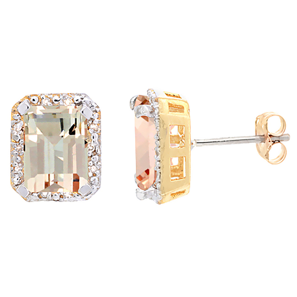10K YELLOW GOLD DIAMOND NATURAL MORGANITE EARRINGS OCTAGON 8X6 MM
