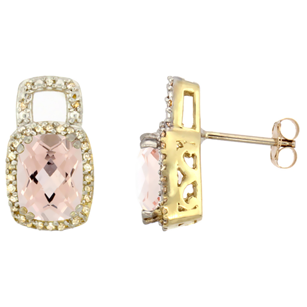 10K YELLOW GOLD DIAMOND NATURAL MORGANITE EARRINGS OCTAGON CUSHION 8X6 MM