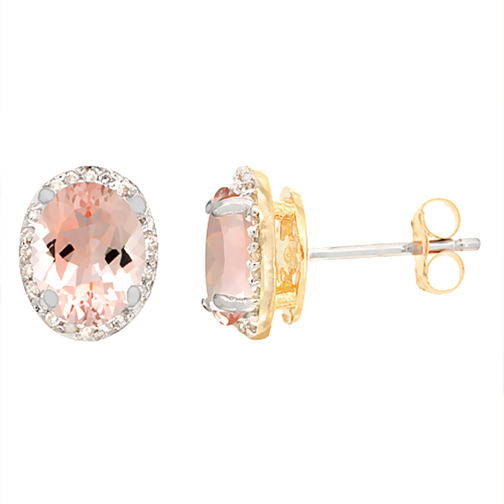 10K YELLOW GOLD DIAMOND NATURAL MORGANITE EARRINGS OVAL 7X5 MM