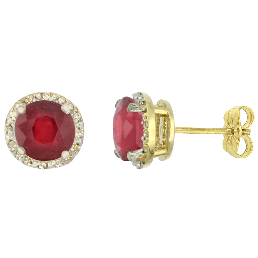 10K YELLOW GOLD 0.06 CTTW DIAMOND ENHANCED GENUINE RUBY EARRINGS ROUND 7X7 MM