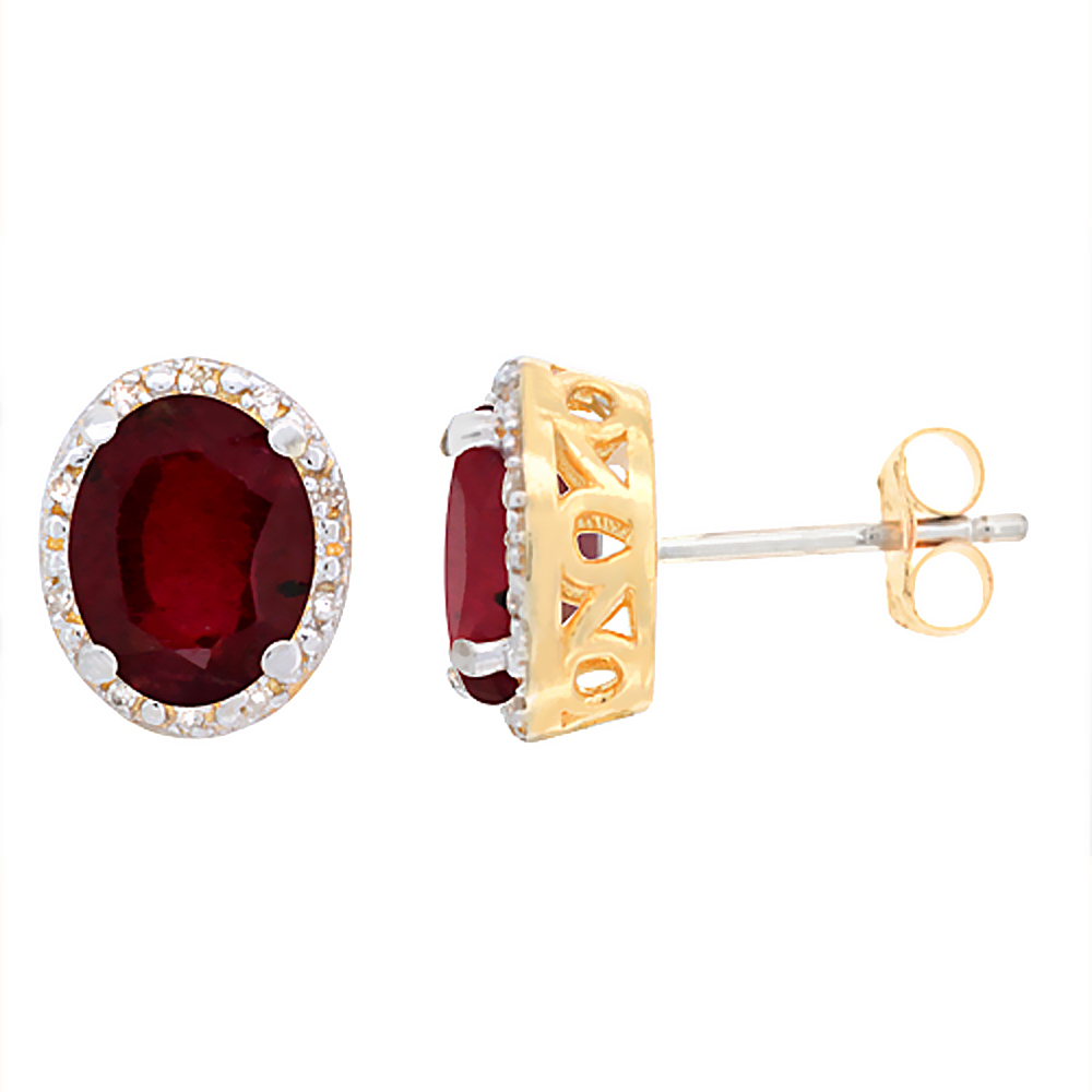 10K YELLOW GOLD GENUINE RUBY STUD EARRINGS DIAMOND HALO OVAL 8X6 MM