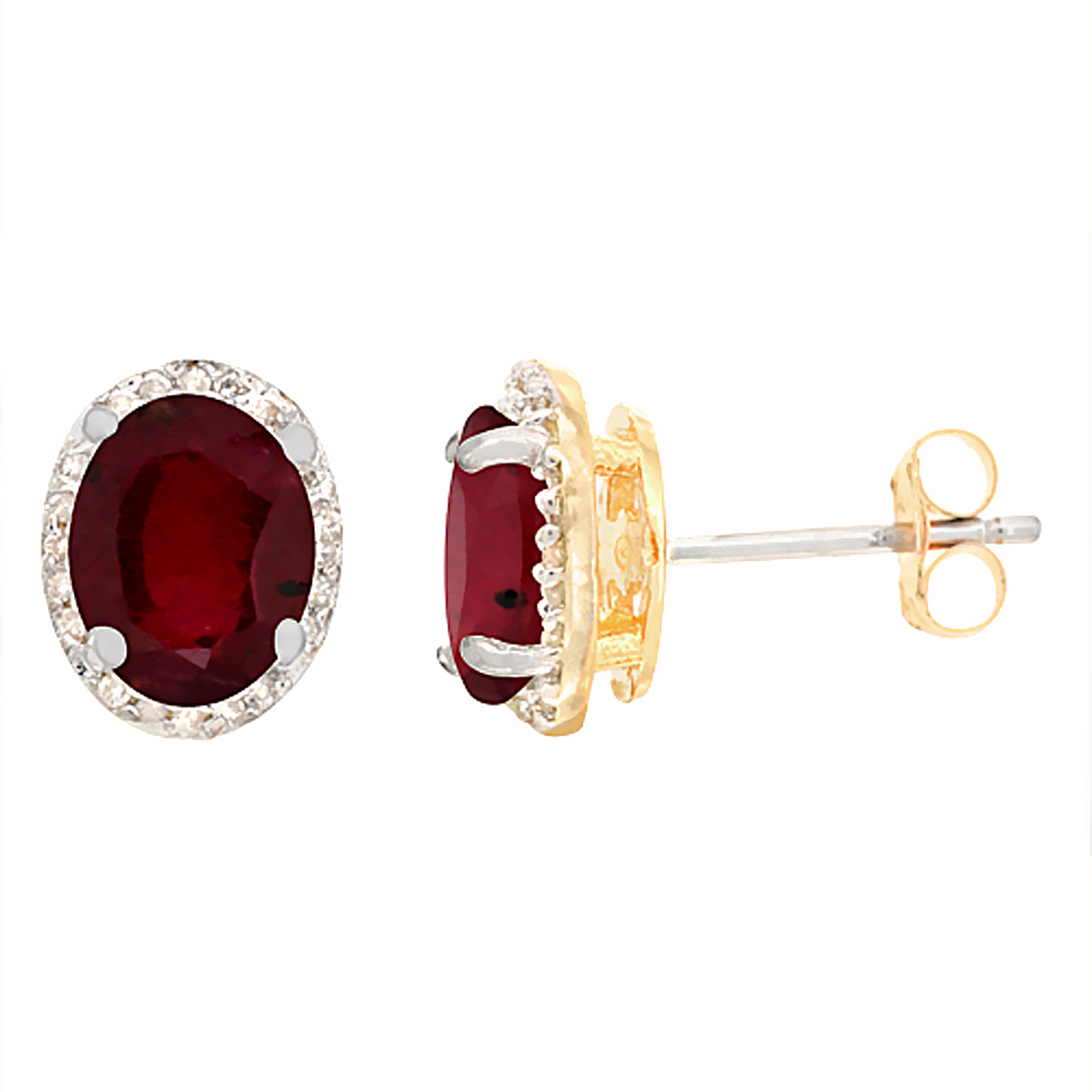 10K Yellow Gold Diamond Enhanced Genuine Ruby Earrings Oval 7x5 mm