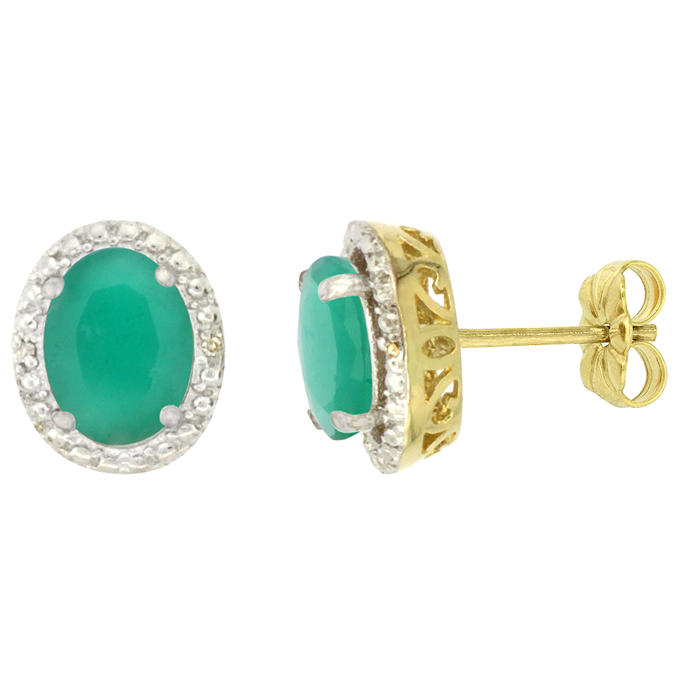 10K Yellow Gold 0.01 cttw Diamond Natural Cabochon Emerald Post Earrings Oval 7x5 mm
