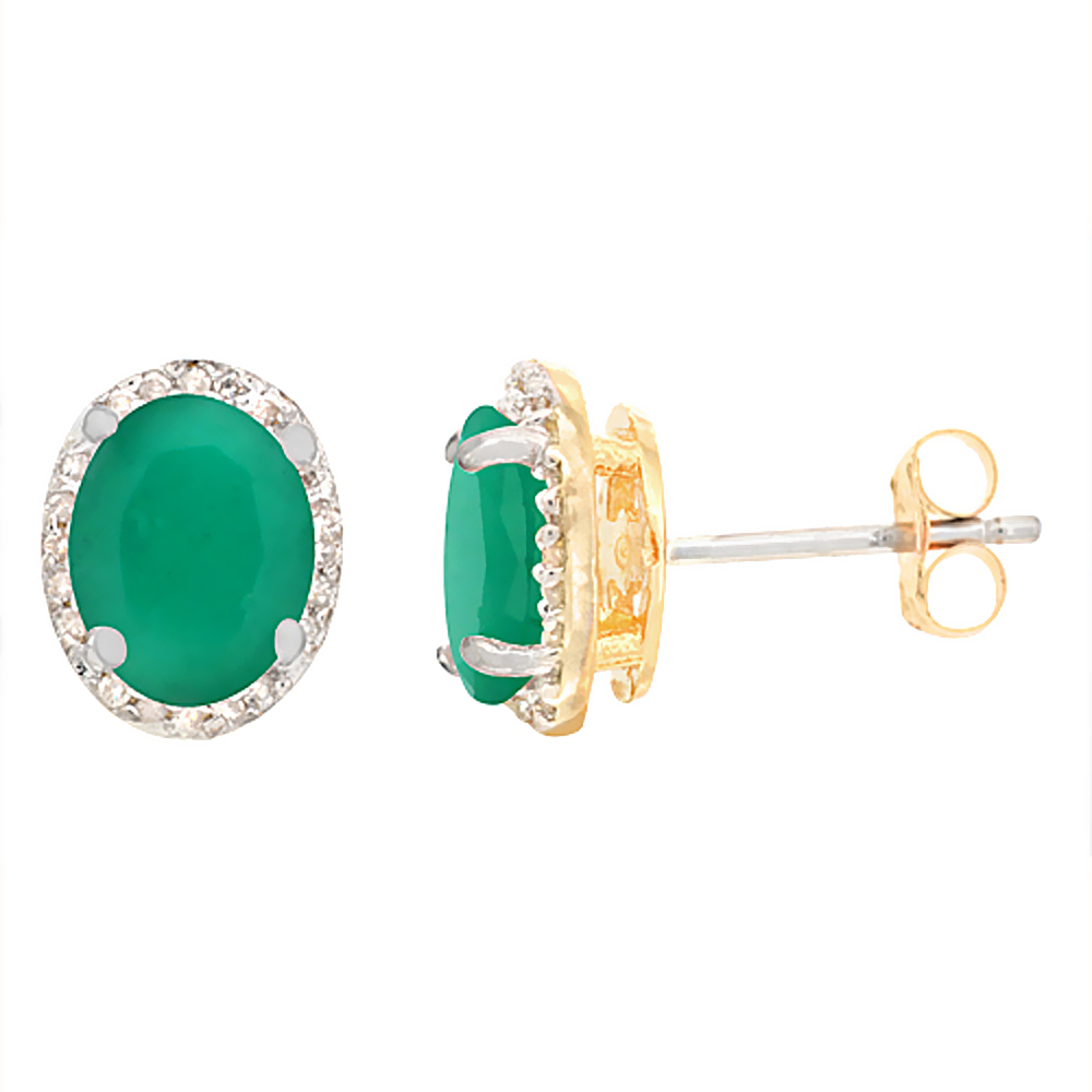 10K YELLOW GOLD DIAMOND NATURAL CABOCHON EMERALD EARRINGS OVAL 7X5 MM